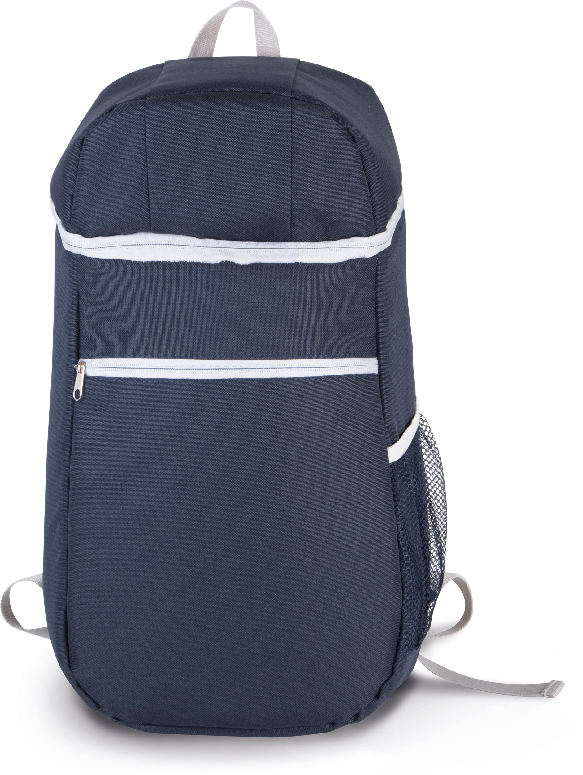 Mochila azul marino con cremallera blanca y bolsillo lateral de malla