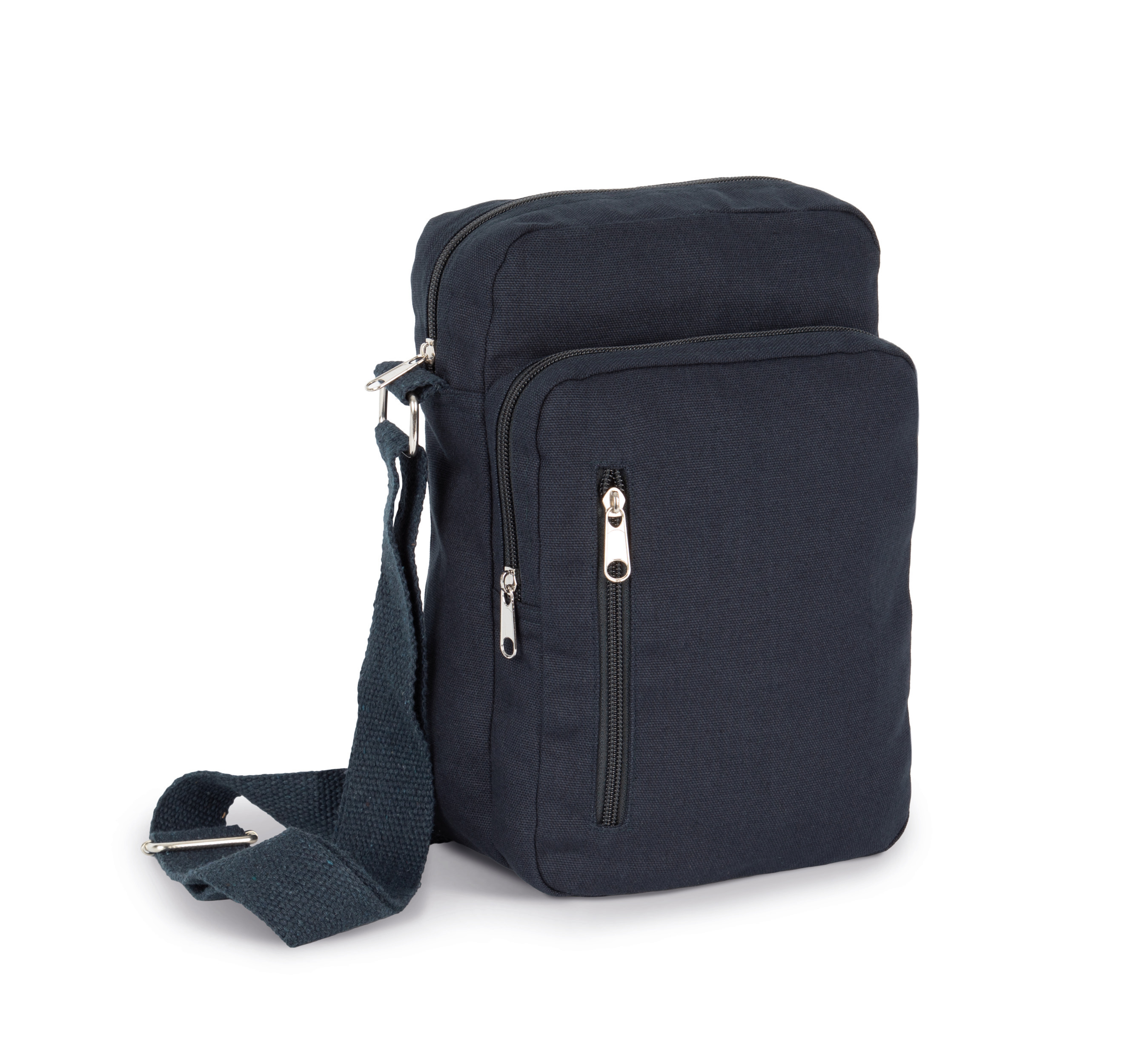 bolso bandolera azul marino de lona con múltiples bolsillos delanteros con cremallera