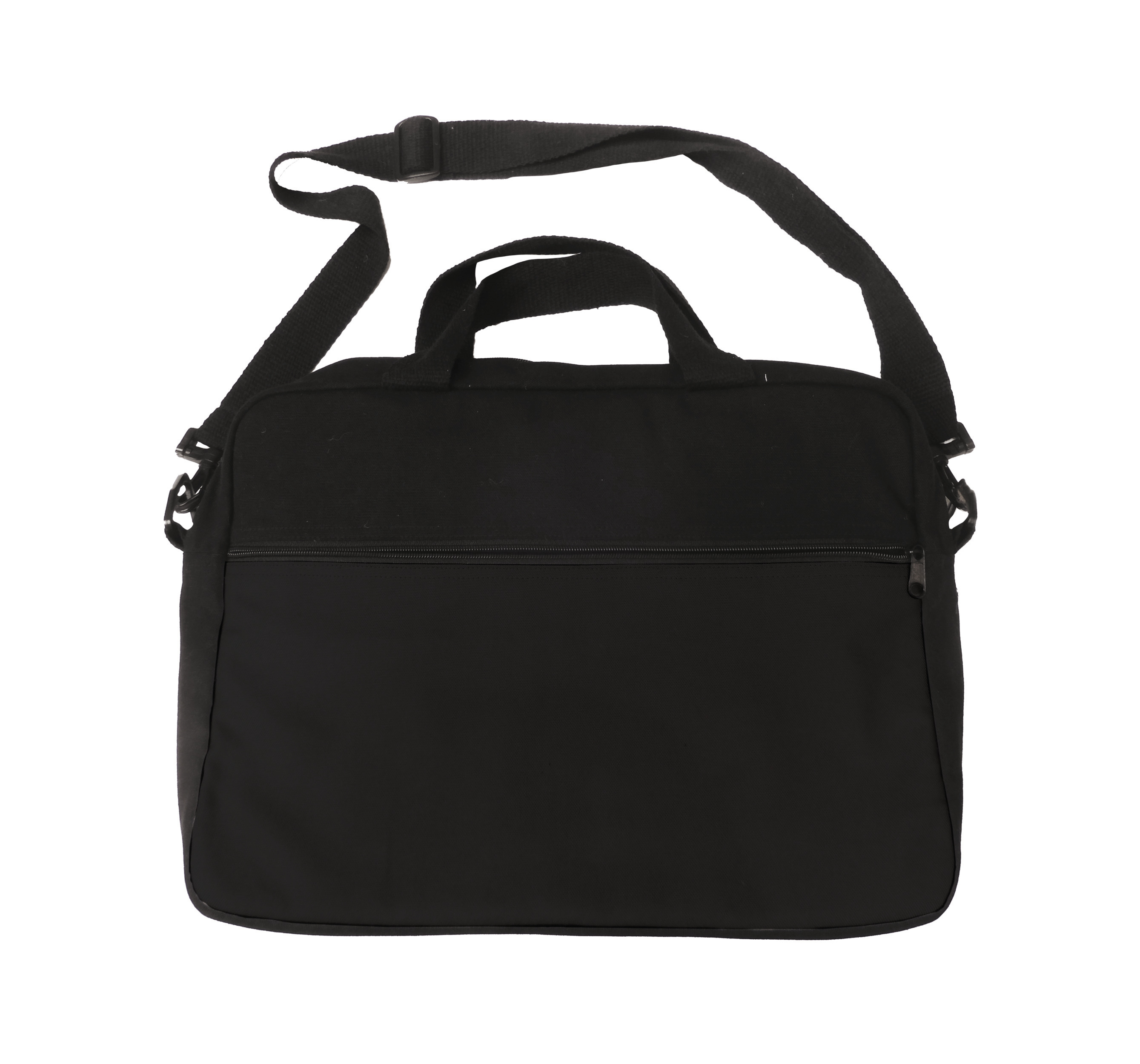 bolsa de mensajero negra con asa superior y correa ajustable sobre fondo blanco