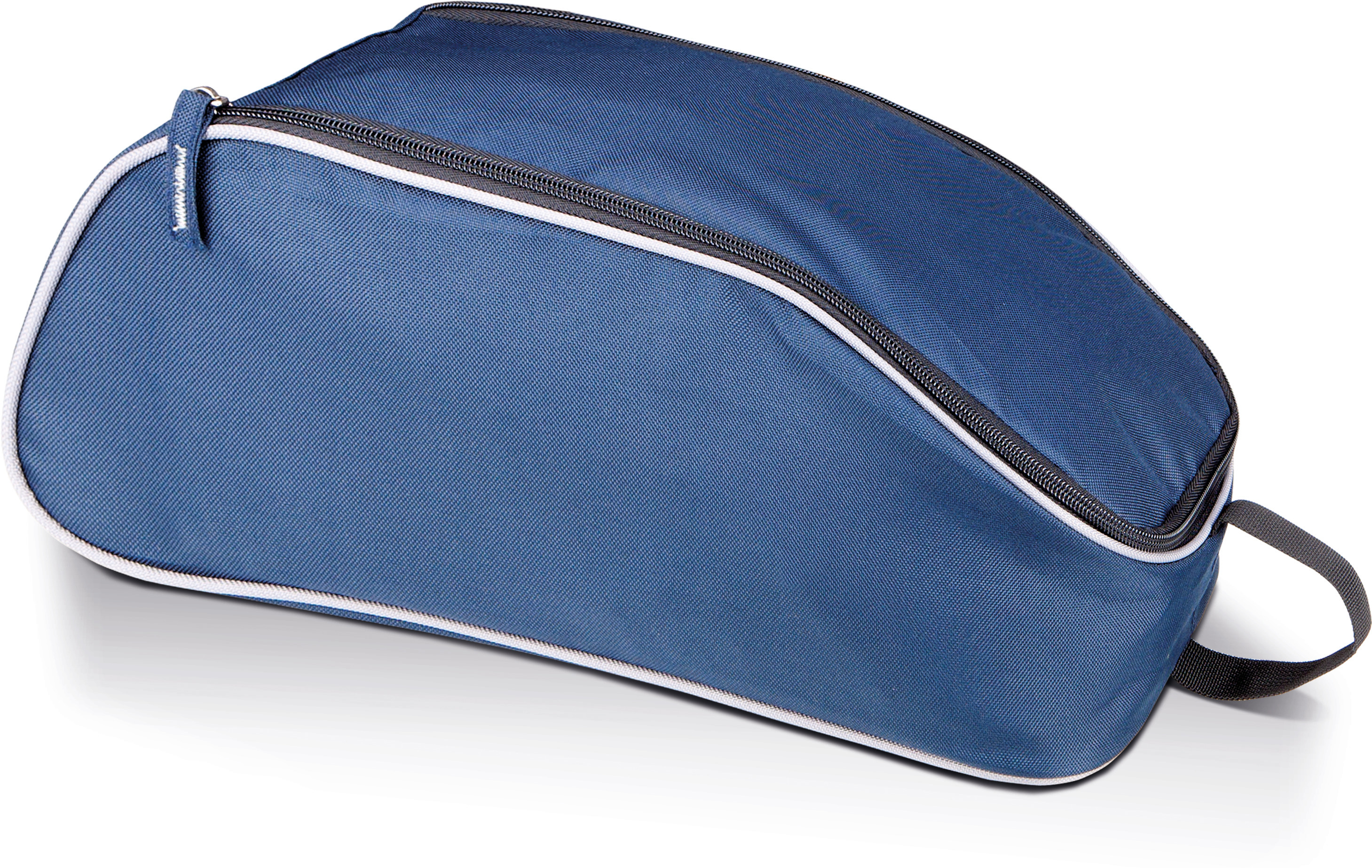 Bolsa de tela azul con cremallera y asa lateral sobre fondo blanco.