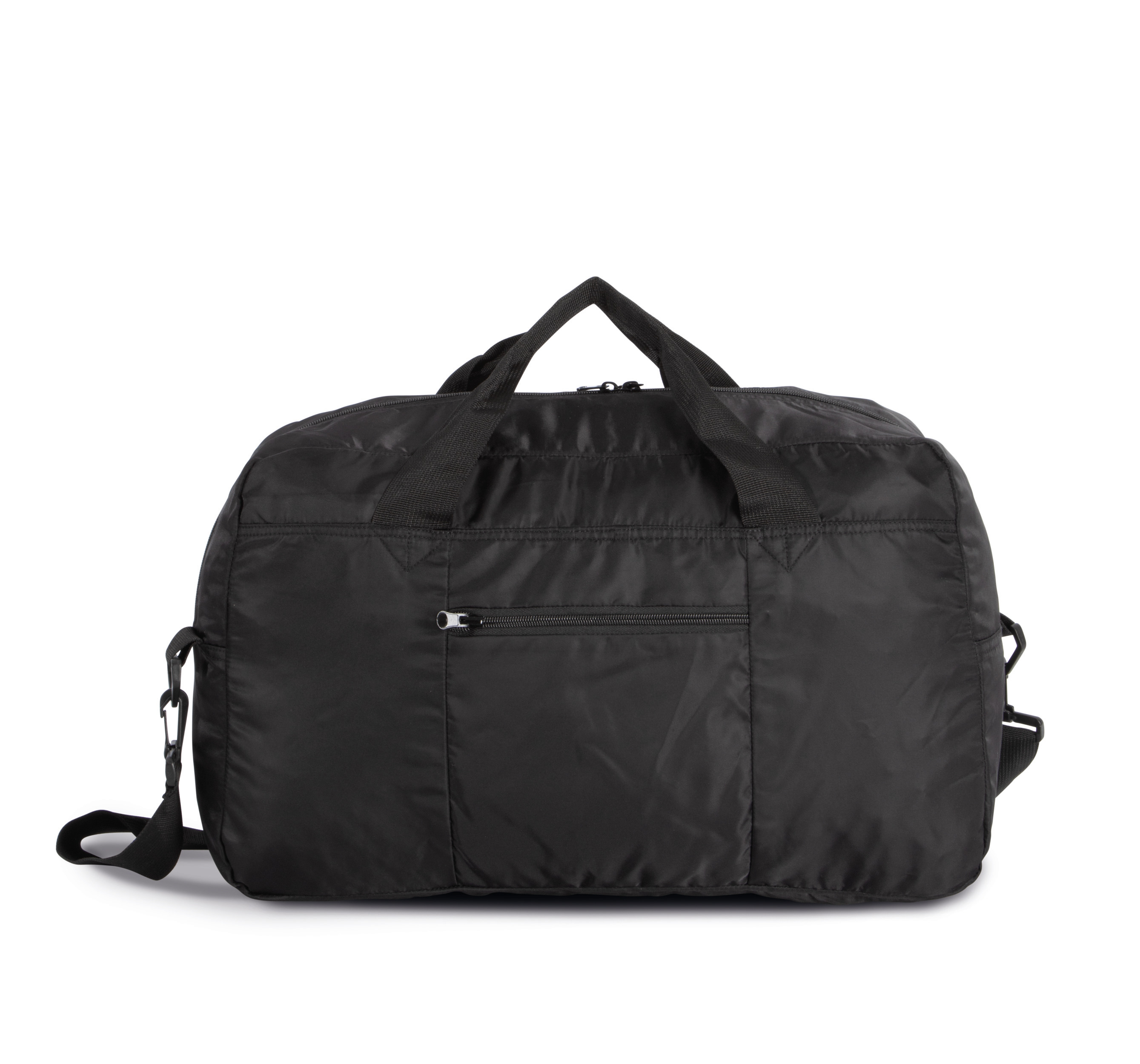 bolsa de viaje negra de tejido sintético con asa y bandolera desmontable sobre fondo blanco