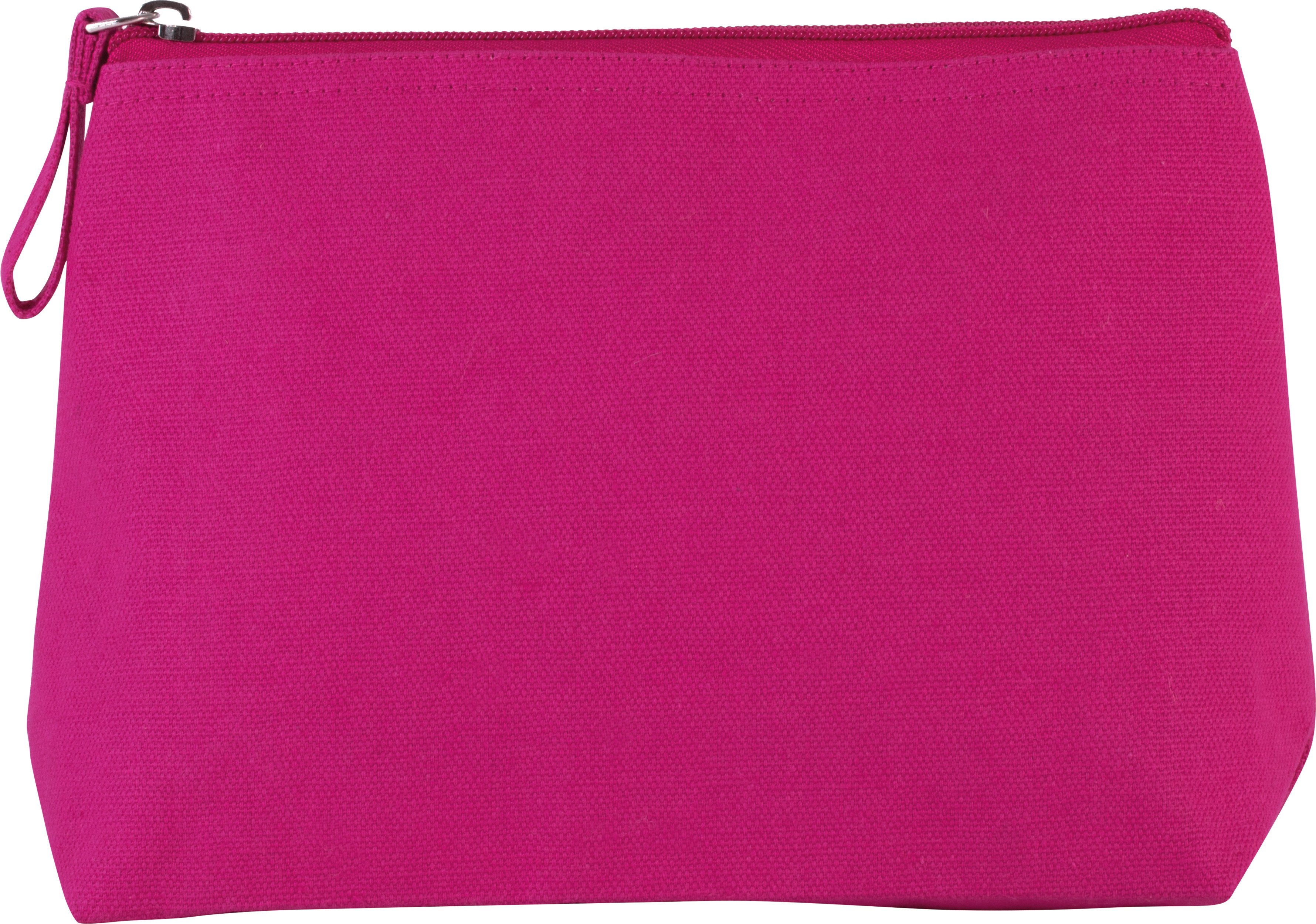 Estuche rectangular de tela rosa fucsia con cremallera superior y asa de muñeca