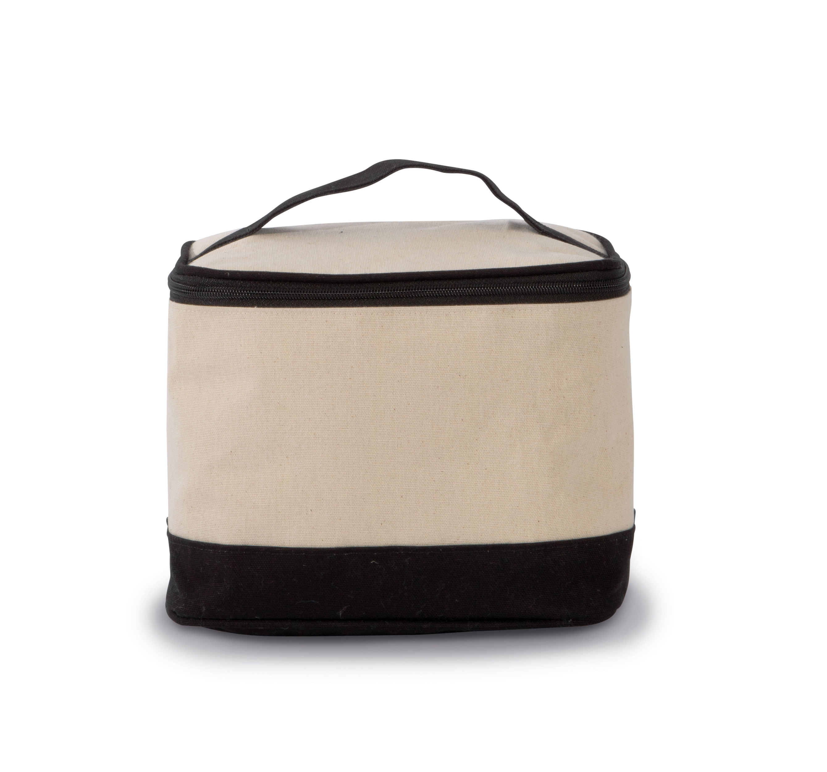 Bolsa térmica de loneta beige con base, cremallera y asa negra
