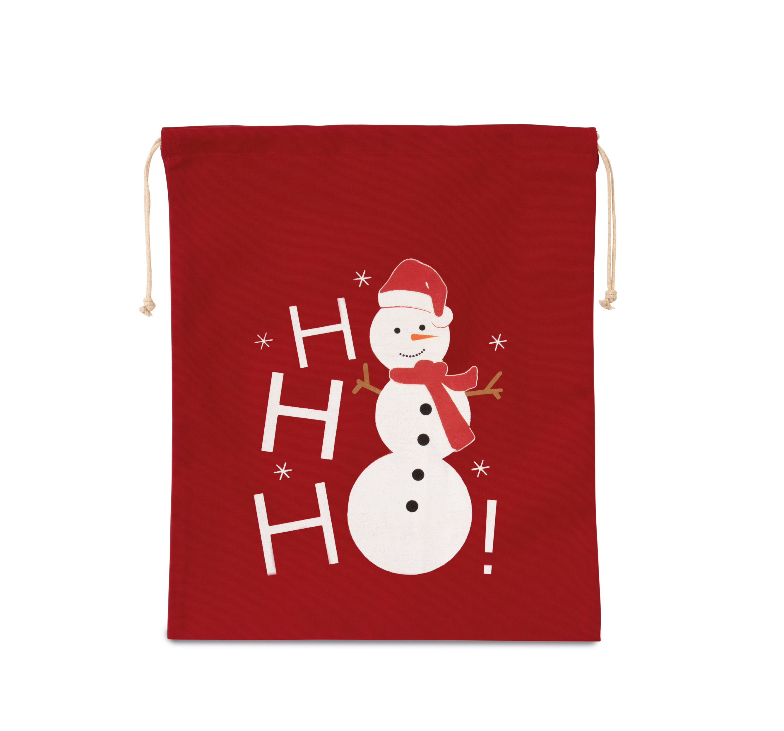 Bolsa de tela roja para regalos con muñeco de nieve sonriente y texto Ho Ho Ho