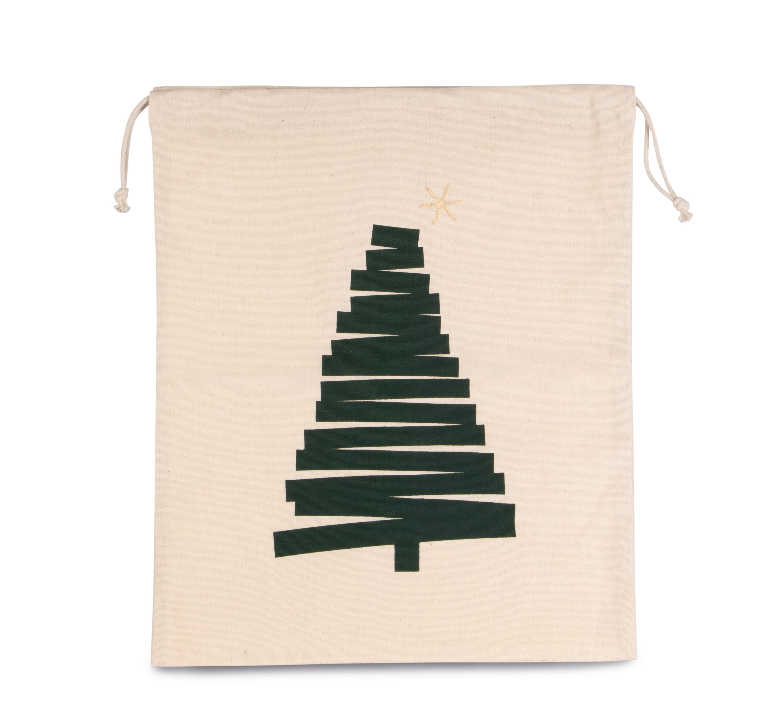 Bolsa de tela con cordón y un diseño minimalista de árbol de Navidad en líneas verdes sobre fondo beige