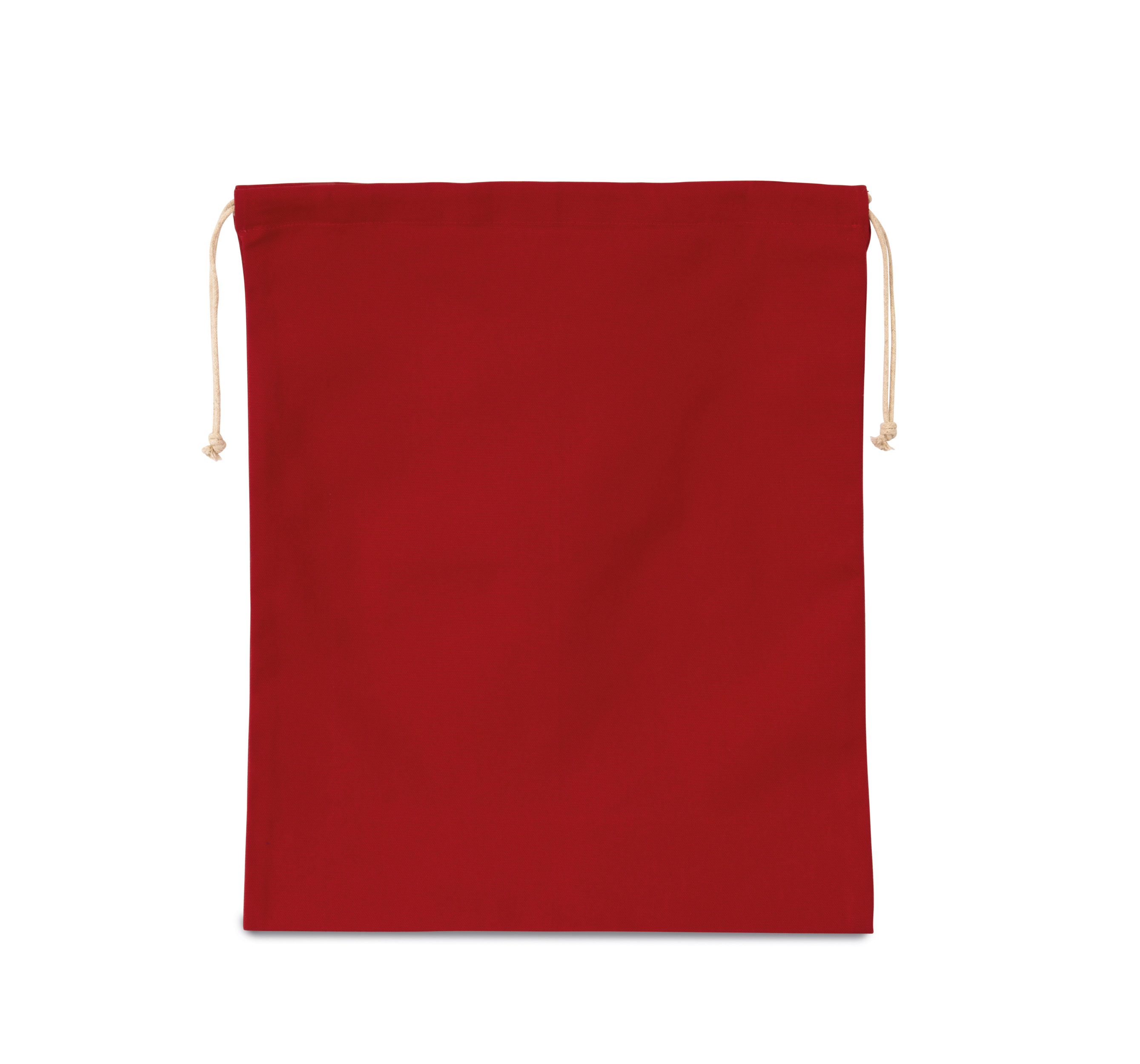 bolsa de tela roja con cordón ajustable sobre fondo blanco