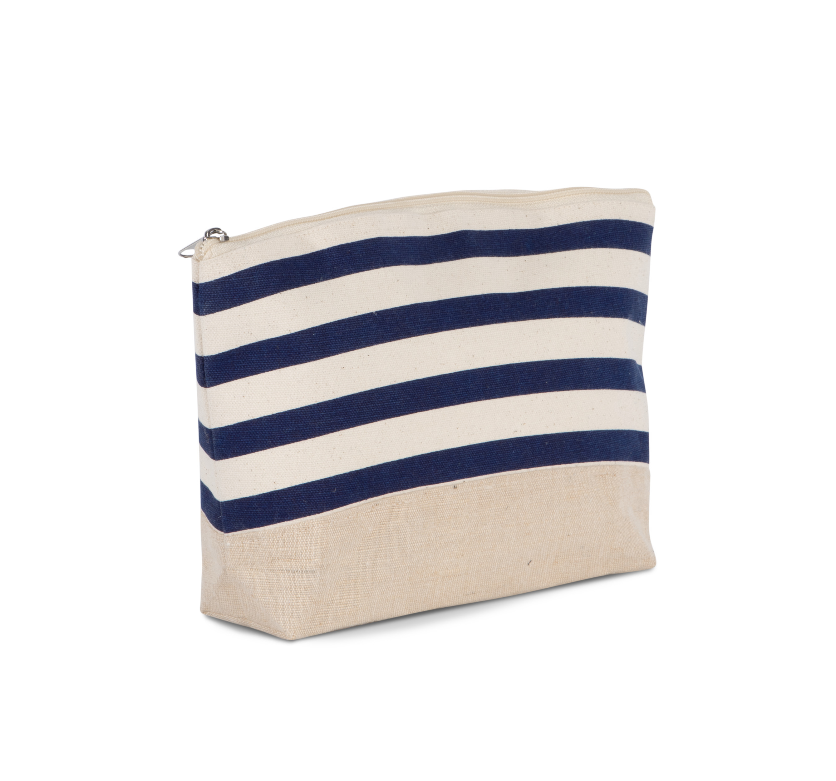 bolsa de lona con cremallera y franjas azules sobre fondo blanco