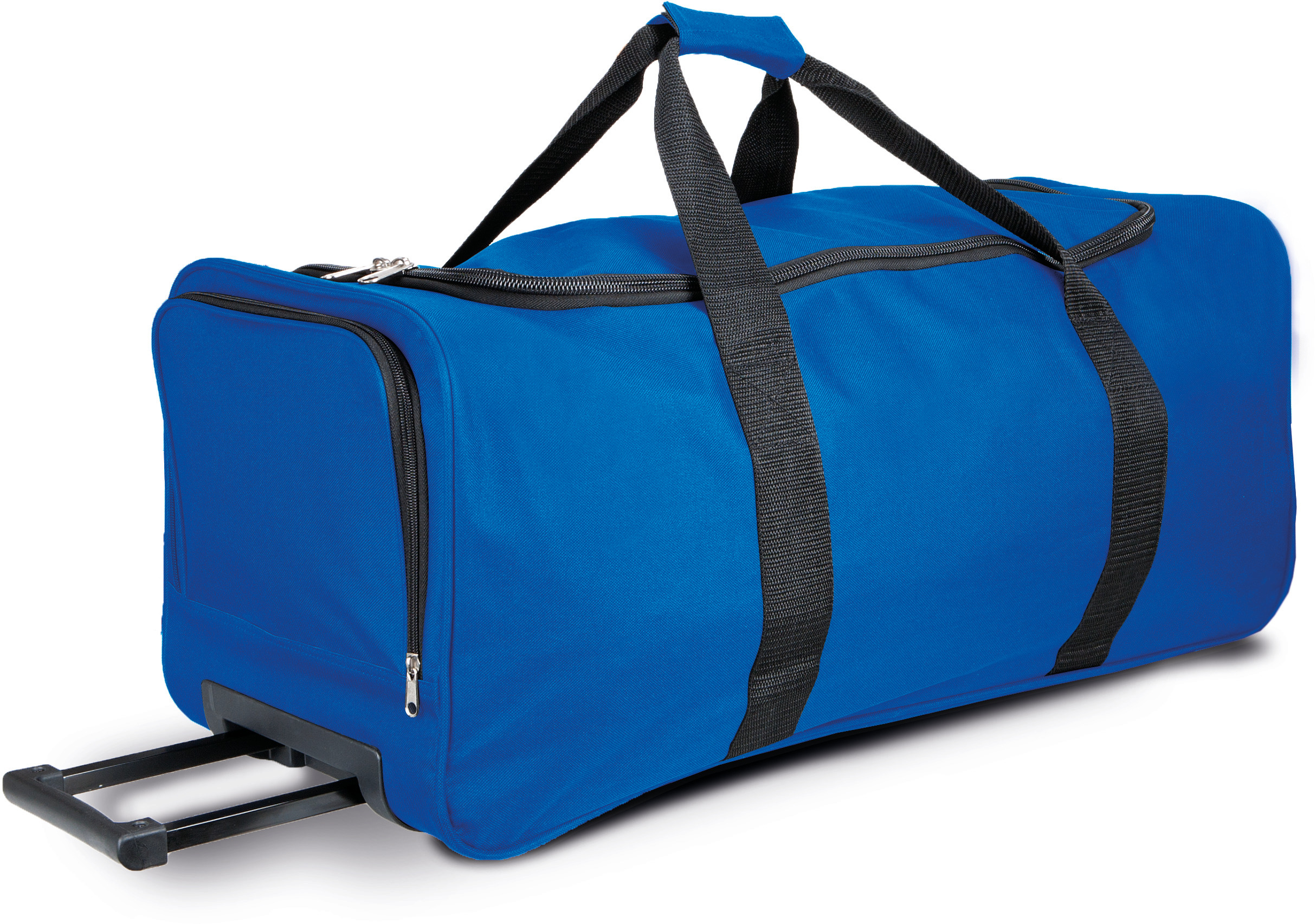 Bolsa de viaje azul con ruedas y asa telescópica sobre fondo blanco
