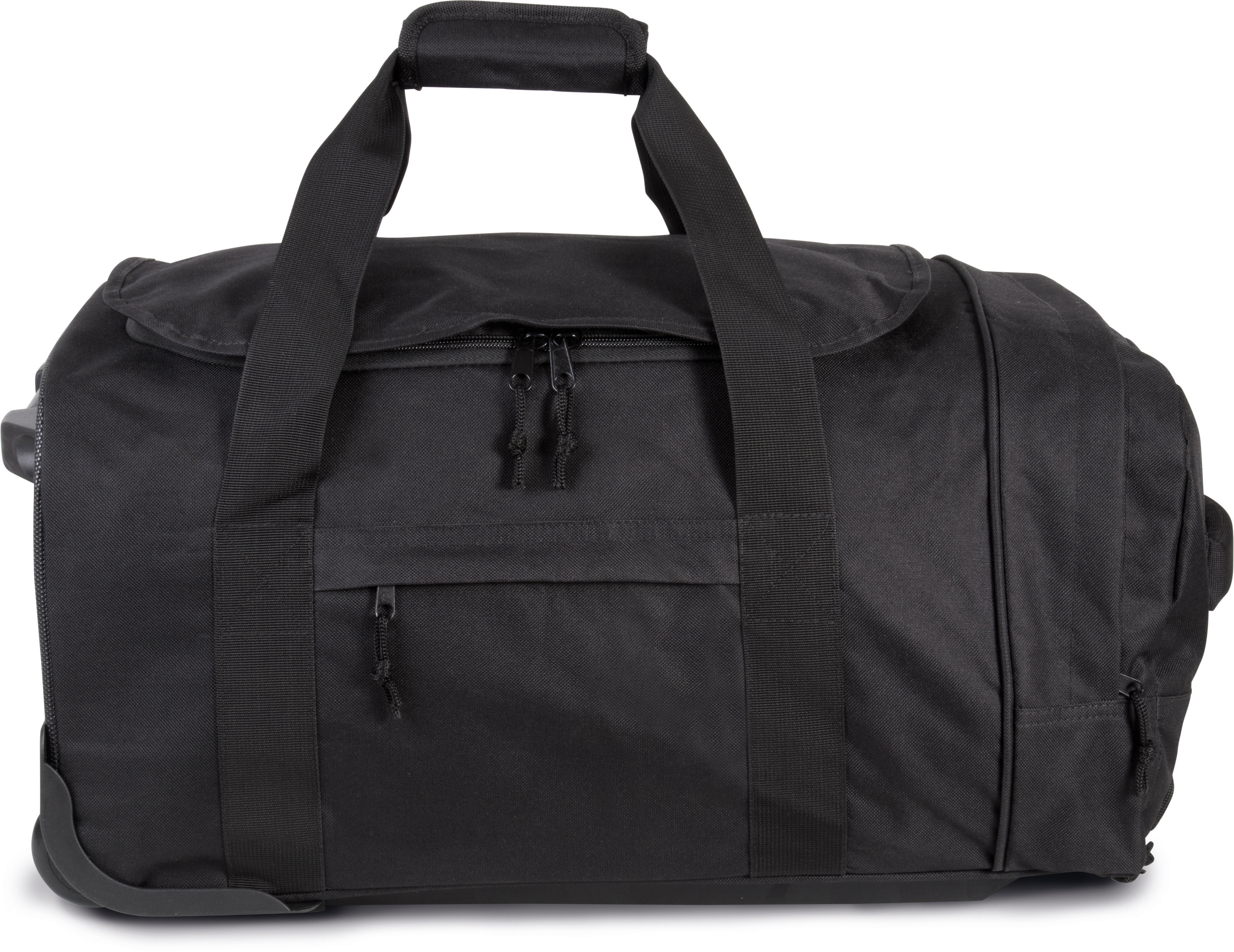 Bolsa de viaje deportiva negra con asas y ruedas sobre fondo blanco