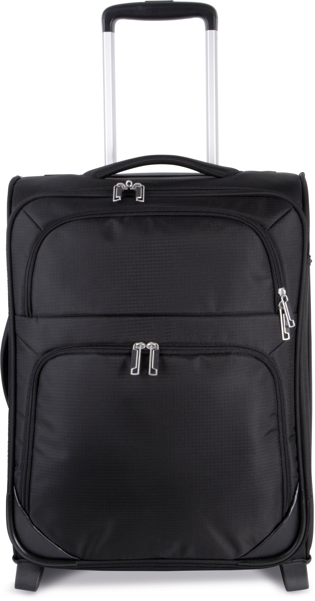 trolley negro de tela con varios bolsillos frontales y asa extensible
