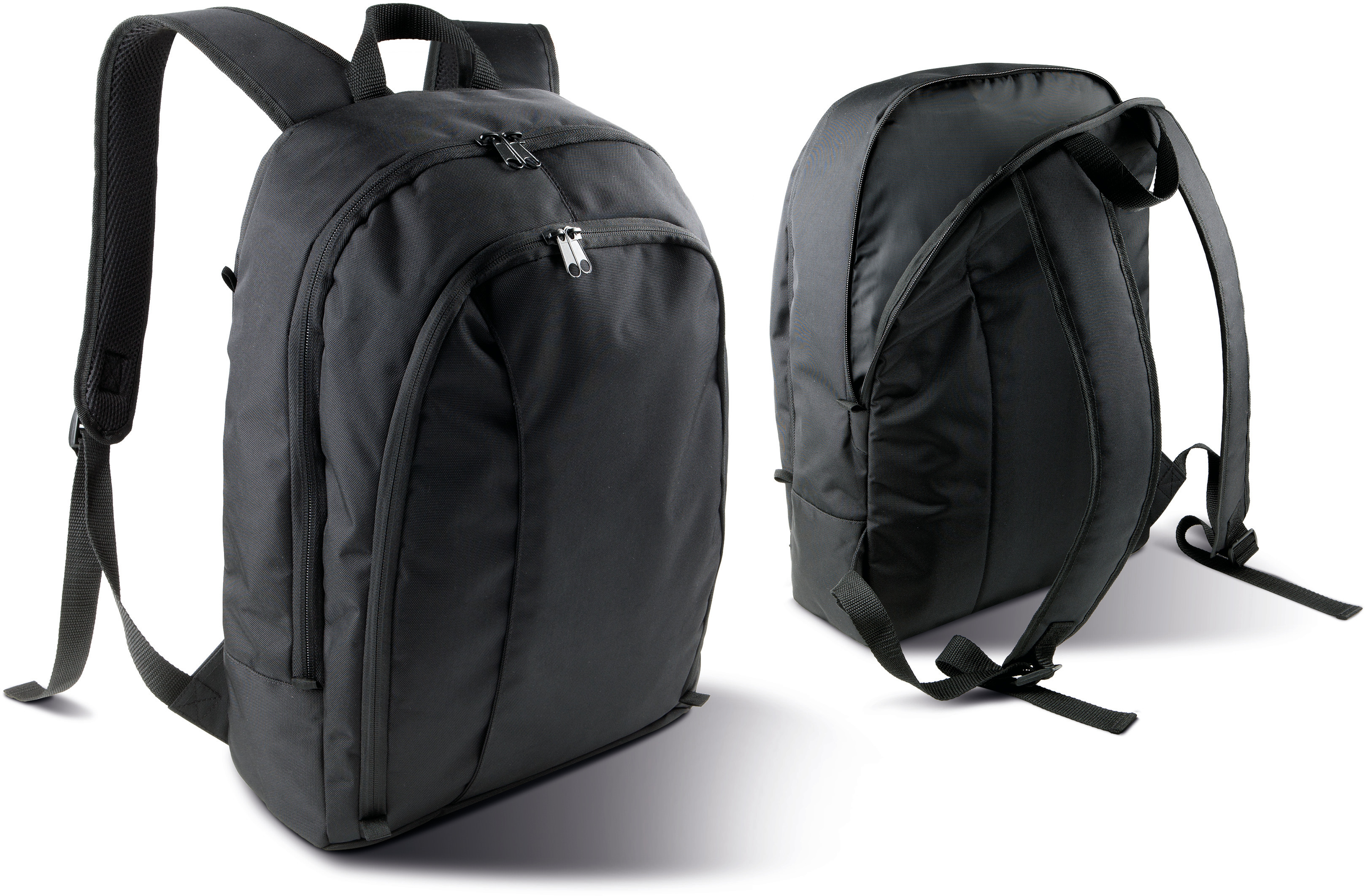 Mochila negra con varios compartimentos y cremalleras, vista frontal y trasera sobre fondo blanco