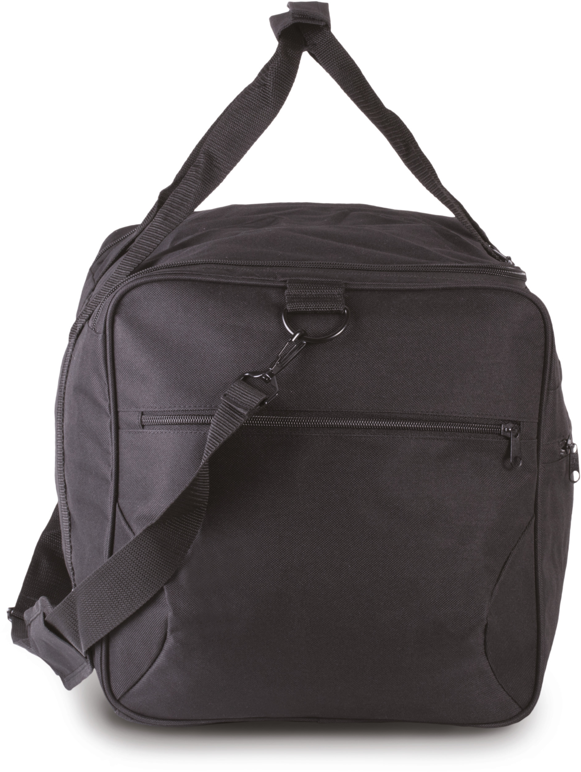 bolsa de viaje negra con asa superior y correa ajustable sobre fondo blanco