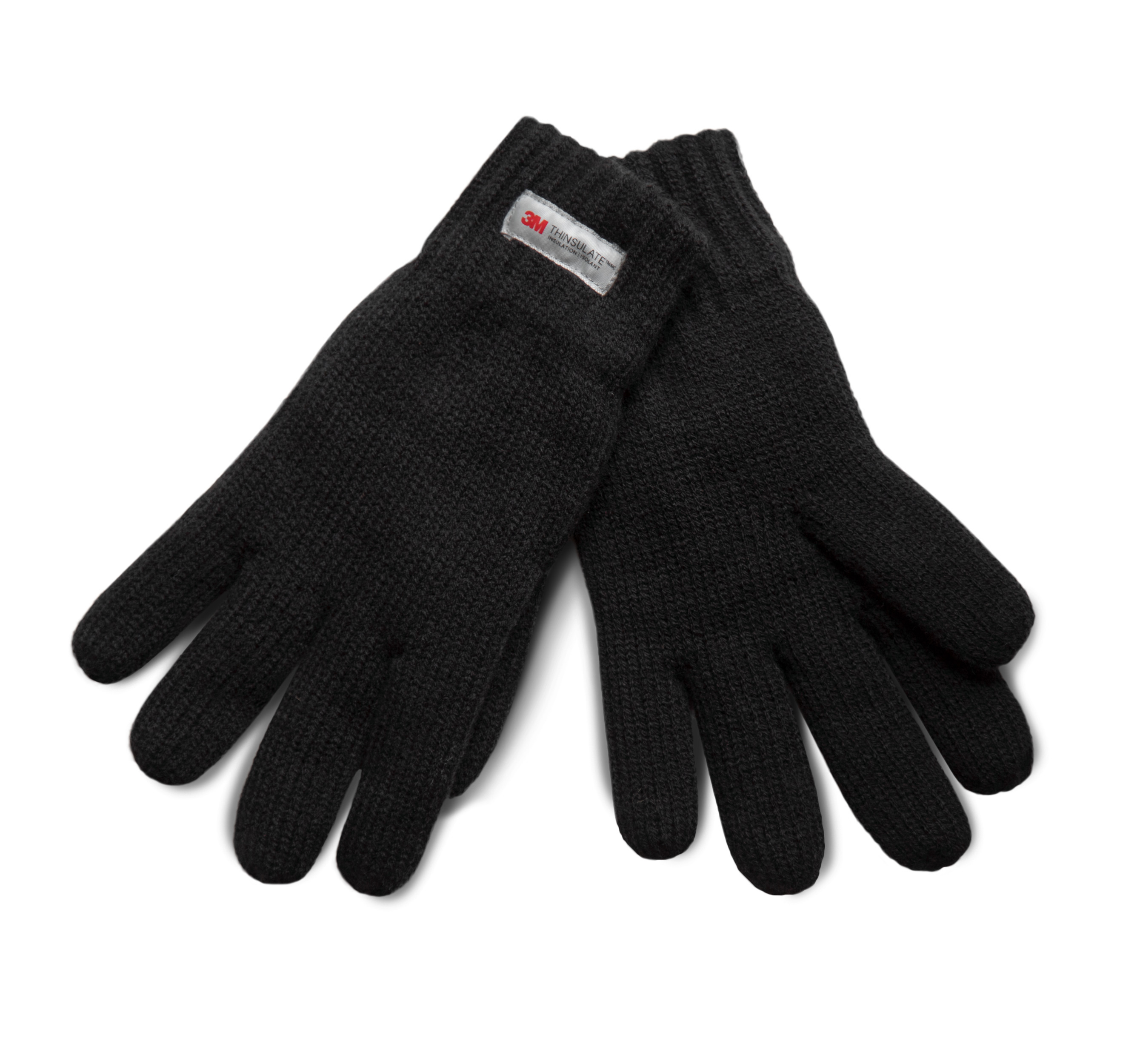 guantes negros de punto con etiqueta 3M Thinsulate sobre fondo blanco