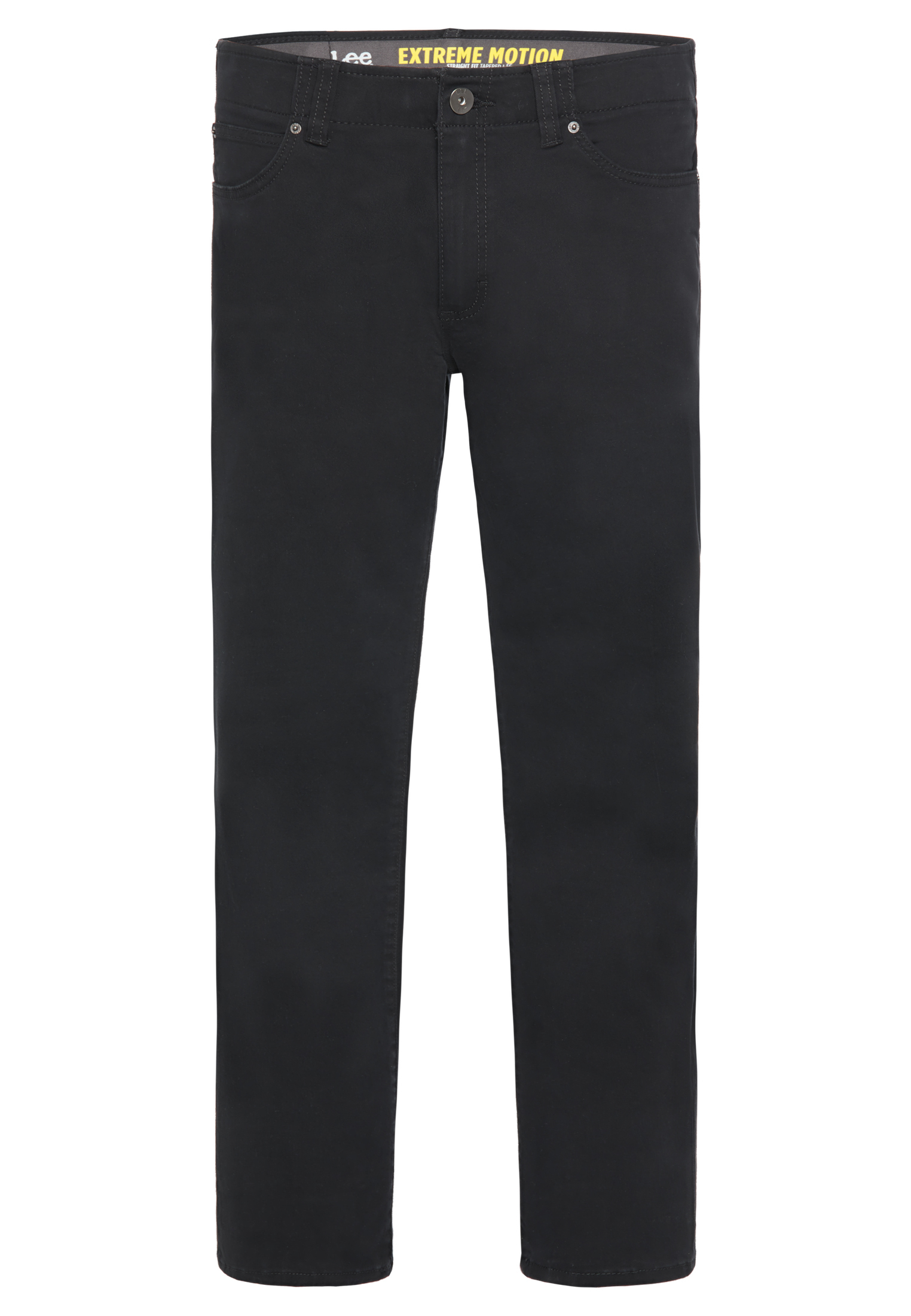 Pantalones vaqueros negros de corte recto Lee Extreme Motion sobre fondo blanco