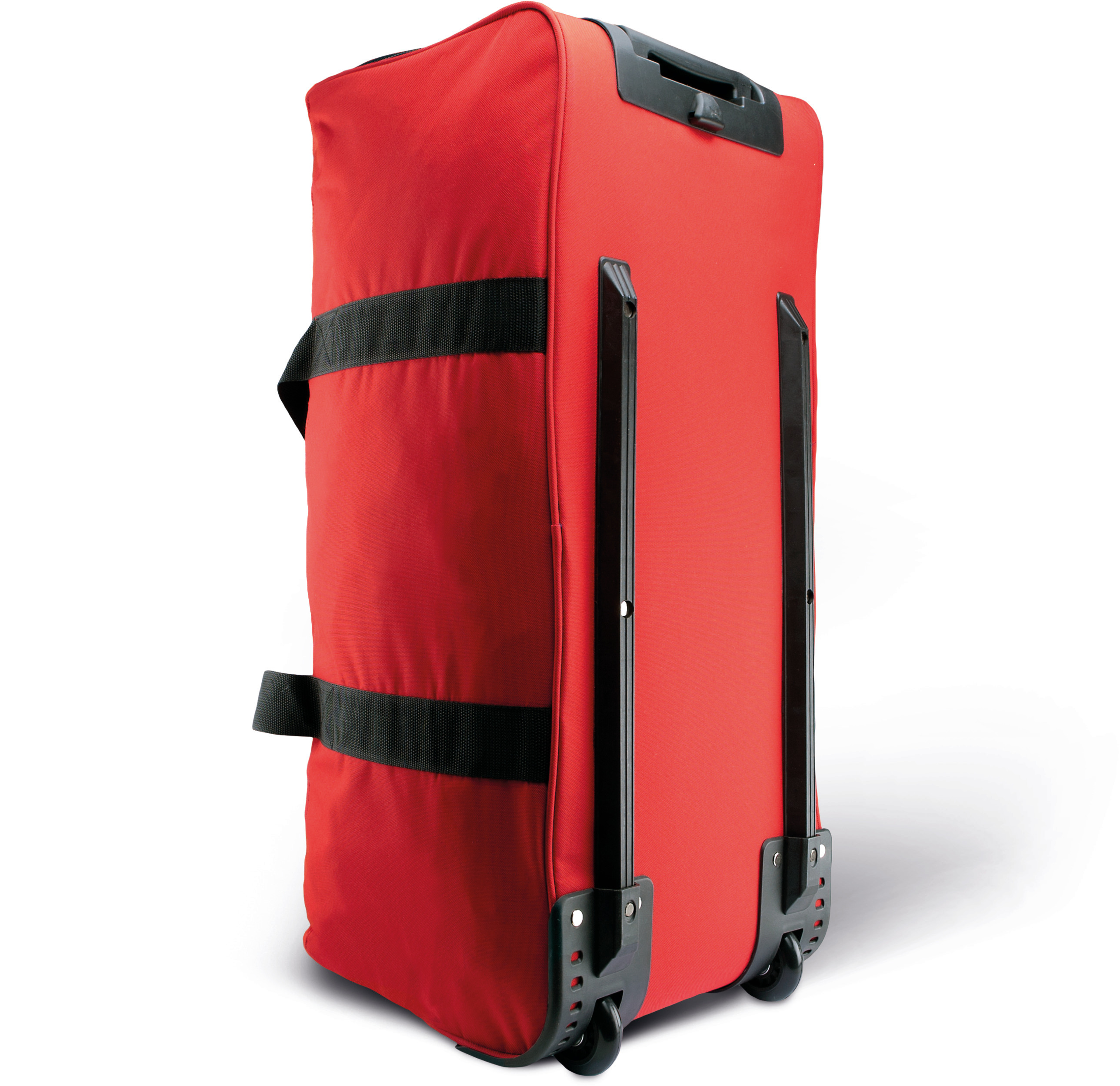 maleta de tela roja con ruedas y asas sobre fondo blanco