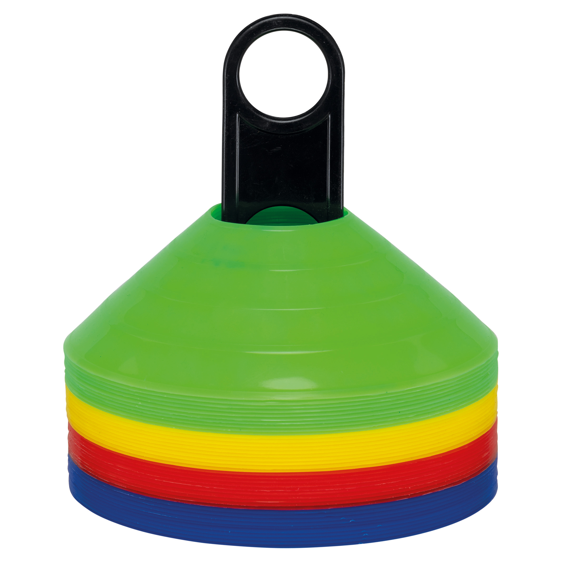 Conos de entrenamiento deportivos apilados en colores verde, amarillo, rojo y azul con soporte negro