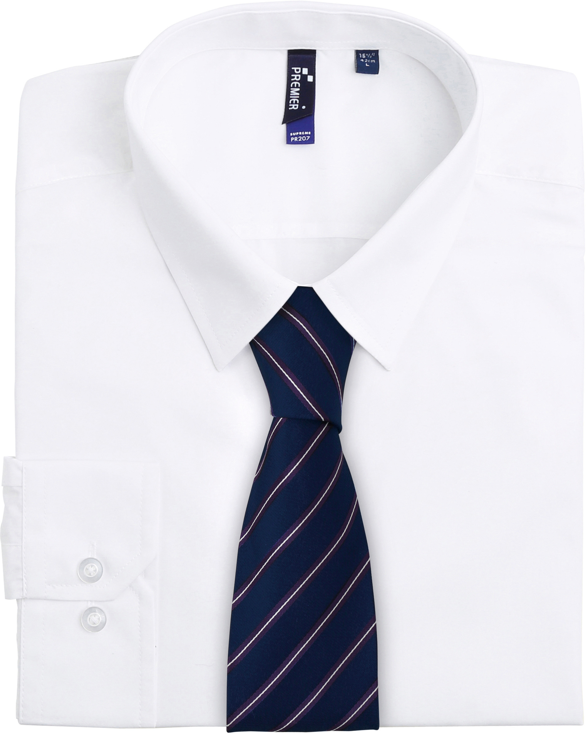 Camisa blanca de vestir doblada con corbata azul marino a rayas diagonales.