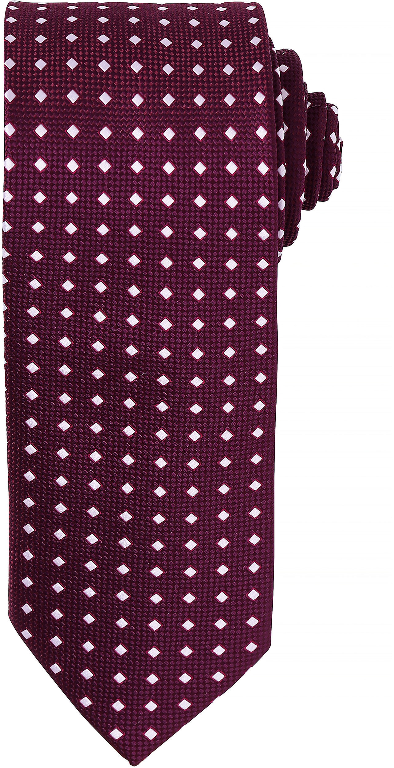 Corbata burdeos con diseño de pequeños rombos blancos.