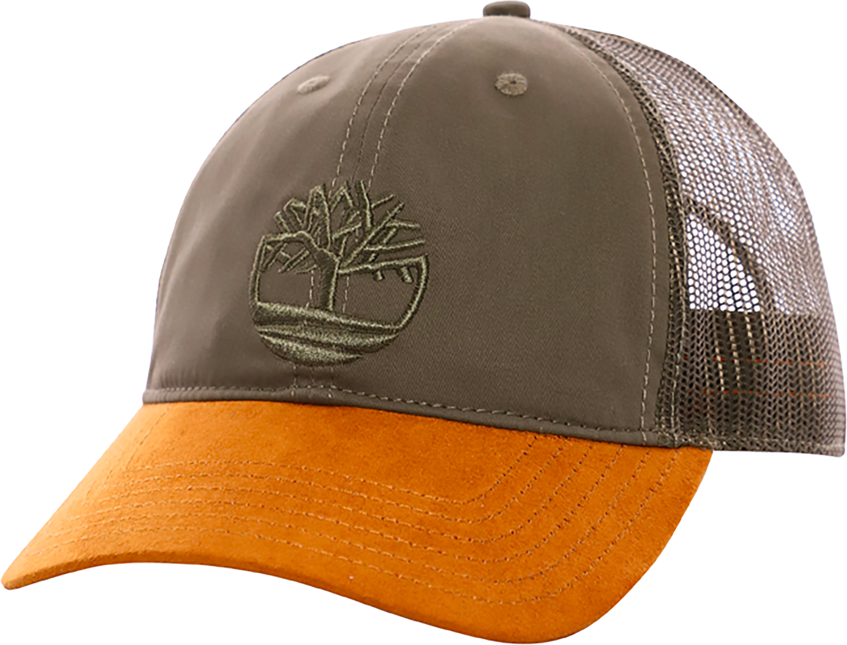 Gorra trucker con visera naranja, frontal caqui con bordado de un árbol y panel trasero de malla.
