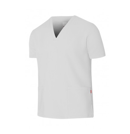 Camiseta sanitaria blanca de manga corta con escote en pico y dos bolsillos delanteros.