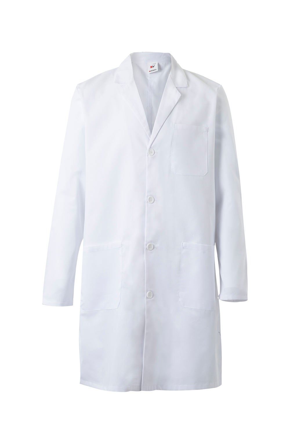 bata blanca de laboratorio con cuello de solapa y bolsillos delanteros