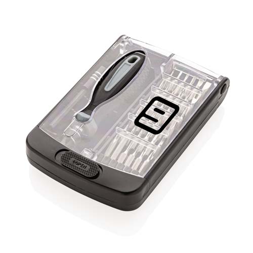 Set de destornillador de precisión con mango ergonómico y estuche transparente con múltiples puntas intercambiables.