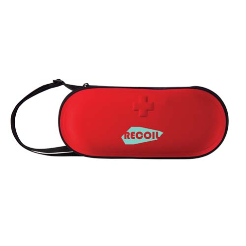 estuche rígido rojo con cremallera, asa y logotipo RECOIL