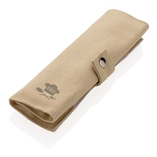 estuche enrollable de lona beige para cuchillos de chef con cierre de corchete