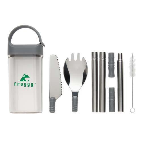 Estuche con asa y juego de cubiertos reutilizables de acero inoxidable (cuchillo, spork, pajitas desmontables y cepillo limpiapajitas)
