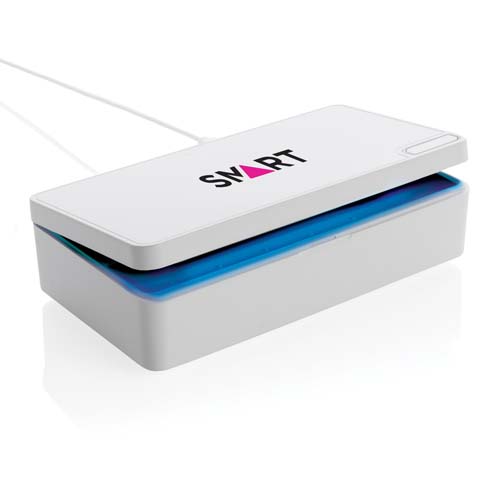Esterilizador portátil blanco con tapa SMART y luz interior azul ultravioleta.