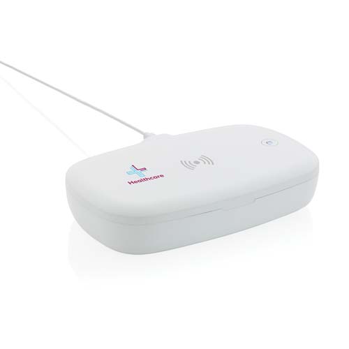 Cargador inalámbrico blanco con logo Healthcare, símbolo de carga y cable USB