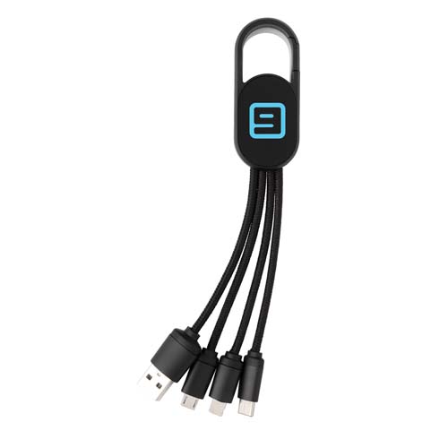 Cable negro con mosquetón y cuatro conectores de carga: USB-A, micro-USB, USB-C y Lightning