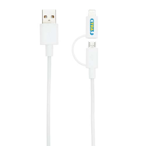 Cable blanco con conector USB-A a micro USB y adaptador Lightning extraíble