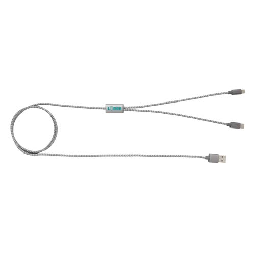 Cable de carga trenzado con conector USB-A y salidas Lightning y USB-C.