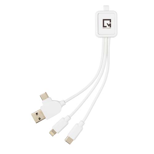 Cable de carga blanco con conector USB-A y tres salidas (Lightning, USB-C y micro USB) en una carcasa compacta