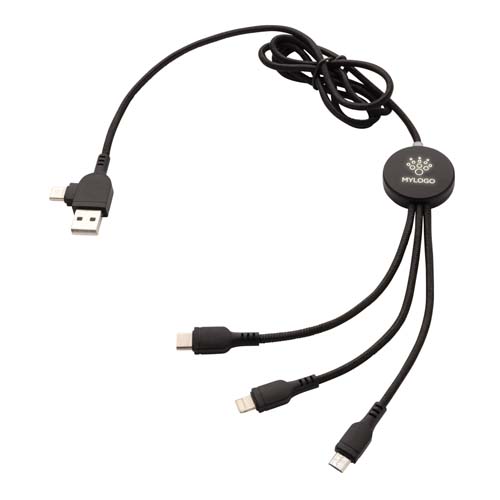 Cable de carga múltiple con USB-A y tres salidas (micro USB, Lightning y USB-C) en carcasa redonda negra.