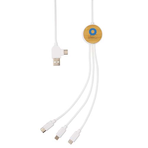 Cable de carga múltiple con USB y conectores USB-C, micro USB y Lightning en soporte circular de bambú