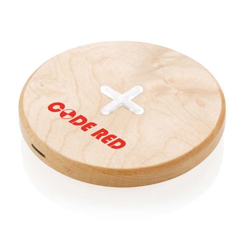 cargador inalámbrico redondo de madera con logo Code Red y símbolo de carga cruzado blanco
