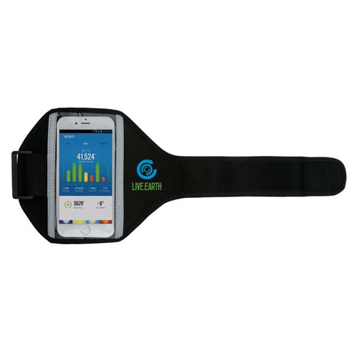 brazalete deportivo negro para teléfono con pantalla de app de actividad física puesta