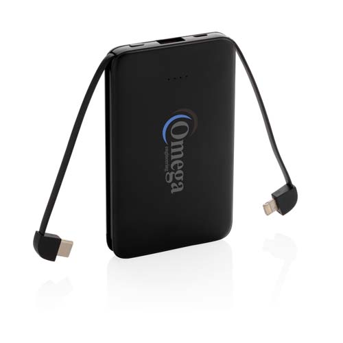 Batería externa negra Omega con cables integrados y conectores USB-C y Lightning