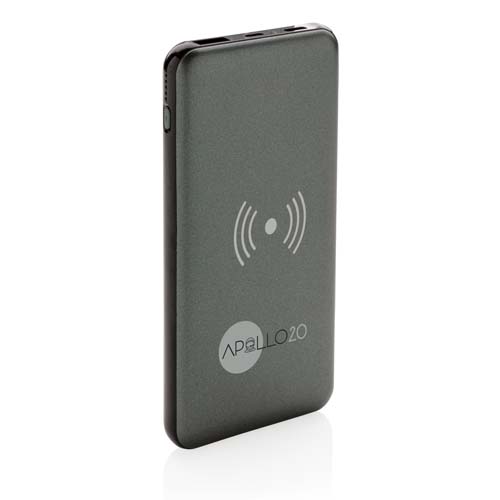 Power bank inalámbrico de color gris oscuro con el logo Apollo20 y símbolo de carga inalámbrica.