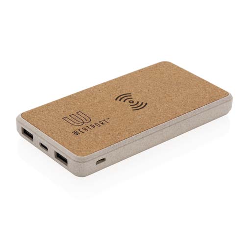 Power bank Westport con superficie de corcho y carga inalámbrica, con puertos USB y USB-C.