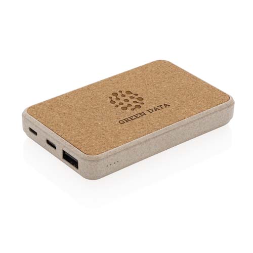cargador portátil ecológico con superficie de corcho y puertos USB, con logotipo Green Data