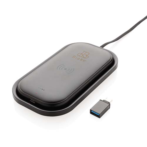 cargador inalámbrico Qi negro con cable integrado y adaptador USB-A</p>