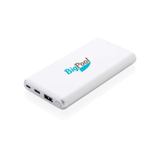 power bank blanco con puerto USB y logo BigPool