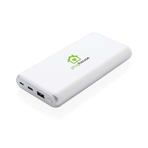 Batería externa blanca Plughouse con puertos USB y USB-C