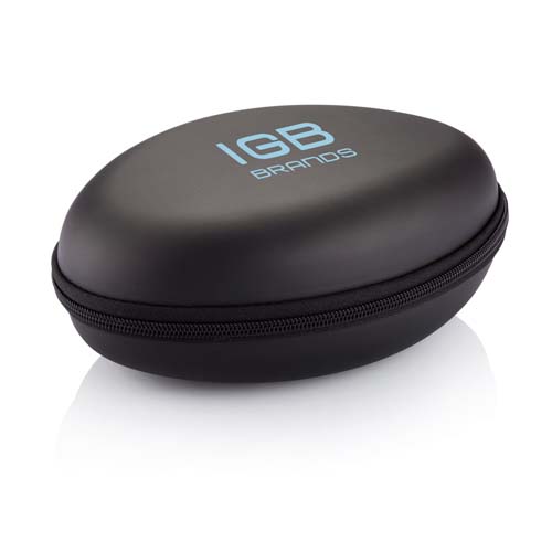 Estuche rígido ovalado negro con cremallera y logo IGB Brands