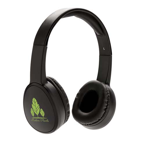 auriculares inalámbricos negros con acolchado y logo verde de hojas