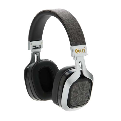 Auriculares inalámbricos de diadema con almohadillas negras, estructura metálica plateada y detalles en tela gris.
