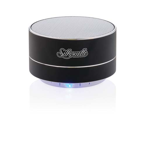 mini altavoz Bluetooth cilíndrico negro Silhouette con rejilla metálica y luz LED azul